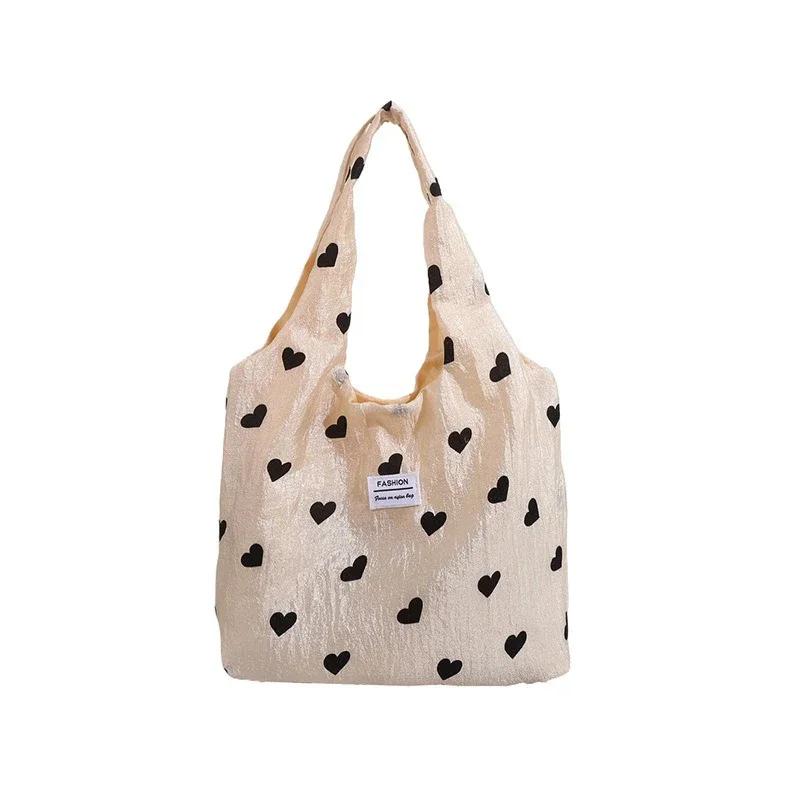 Trendy Heart-Shaped Fabric Tote Bag for Women Large Capacity Versatile Eco-Friendly Handheld Shopping Bag Casual Fashion Purse