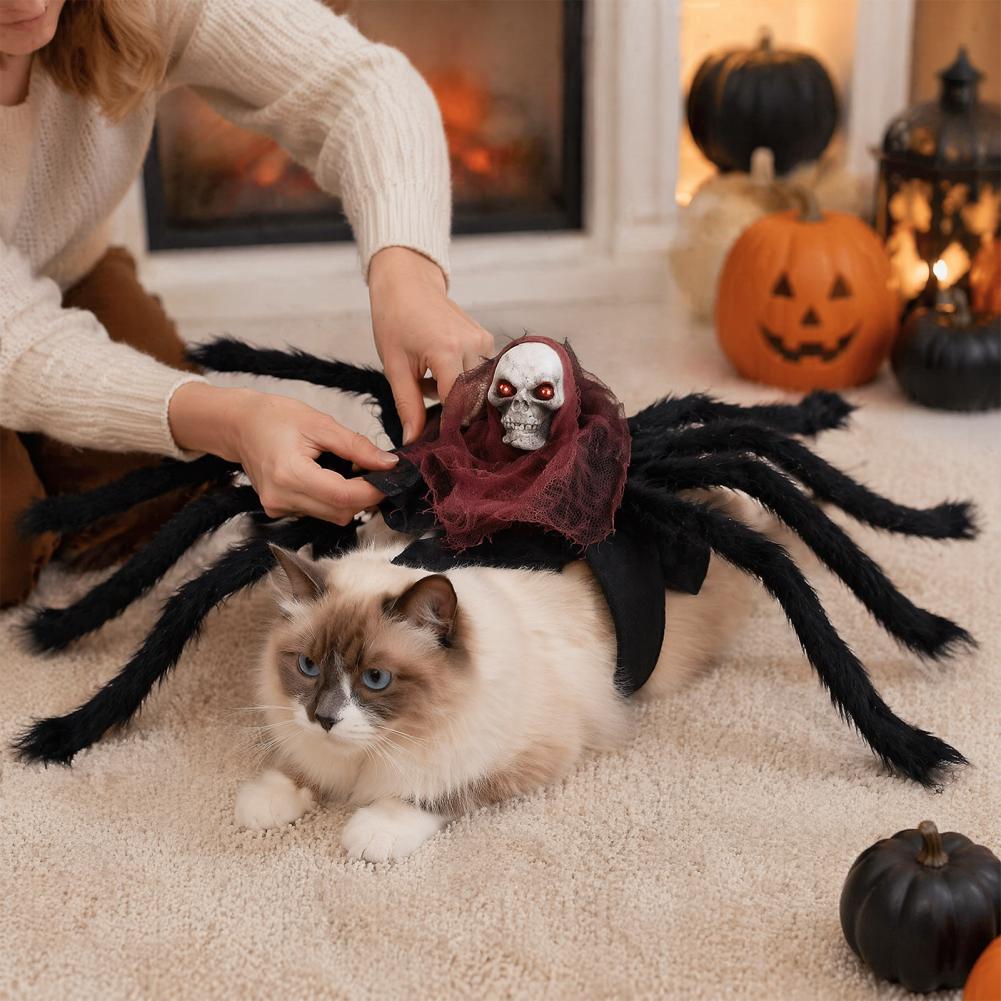 Pet Spider Costume Halloween Cat Spider Outfit with Skull Face Black Spider Holiday Apparel for Cats Dogs Cosplay Photo Props
