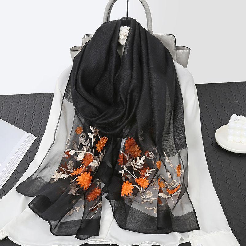 Элегантная шелковая шаль с цветочной вышивкой – дышащая, солнцезащитная и универсальная накидка для стильного тепла