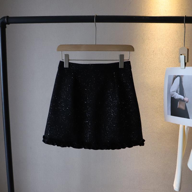 Bi Zheng 2024 Блестящая твидовая мини-юбка с кружевом, маленькая, облегающая