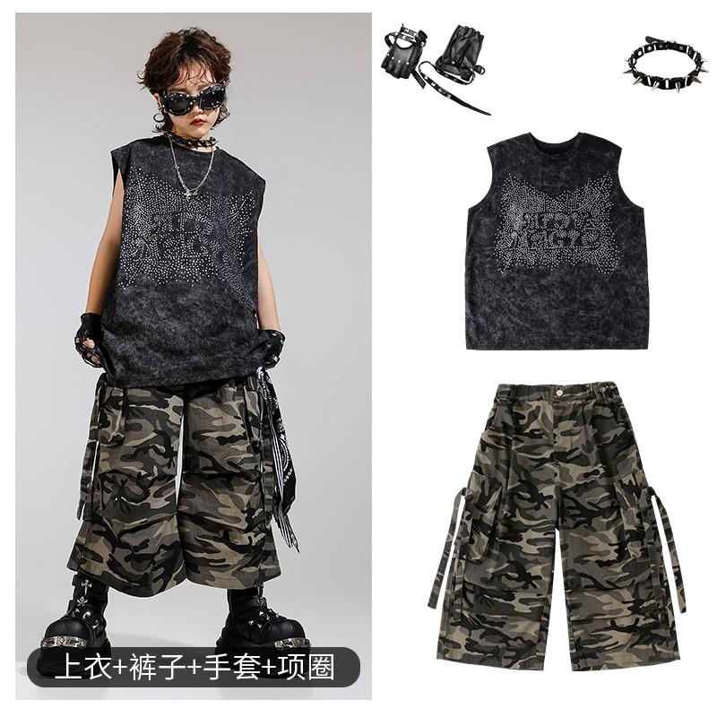 Kids Hip Hop Breakdance Outfit Set Boys Girls Sleeveless Rhinestone Vest Camo Shorts Performance Costume