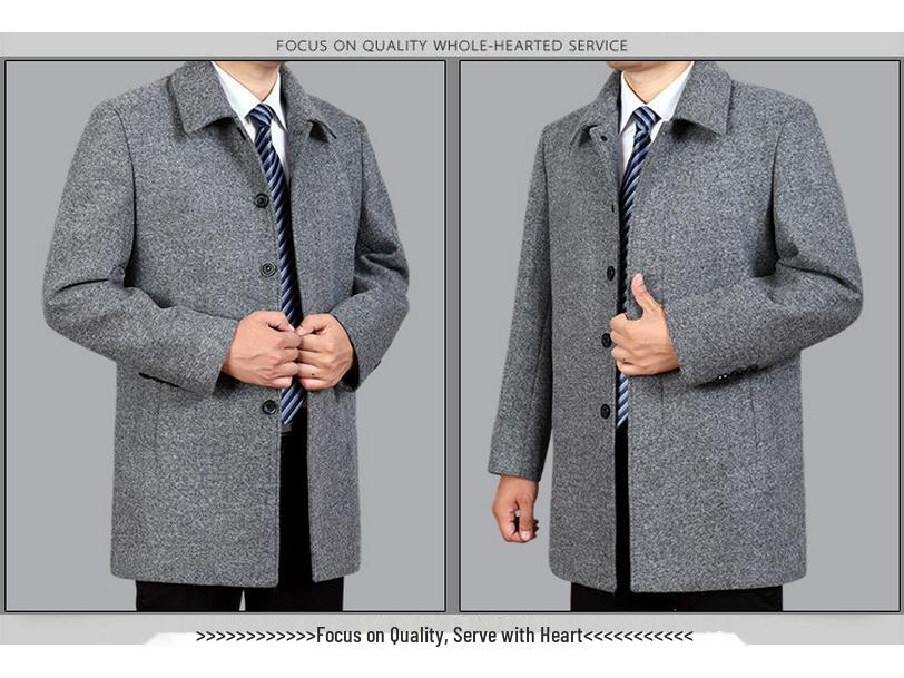 Men's Classic Wool Coat - Mid-Length, Thickened Cashmere for Autumn/Winter, Ideal for Middle-Aged & Elderly.