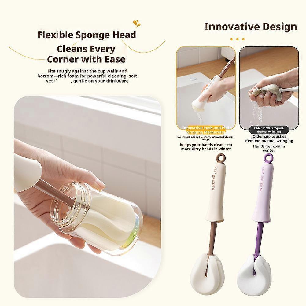 Push Pull Cup Cleaning Brush 31Cm With Sponge And Detail Bristle For Bottles