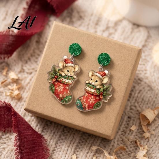 Christmas Mouse Acrylic Earrings 1 Pair Cute Earrings 2D Flat Cartoon Animal Dangle Fun Holiday Jewelry for Girls Drop Women Glitter Star