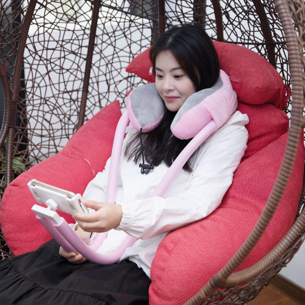 Neck Pillow Phone Holder U Shaped Pillow with Lazy Phone Bracket for Travel Office Light Pink Free Size