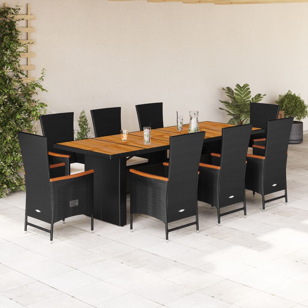 9 Piece Outdoor Dining Set with Cushions Black Poly Rattan