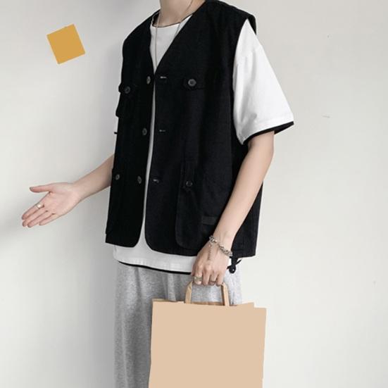 Мужской повседневный жилет без воротника, без рукавов, на пуговицах, жилет, однотонное пальто с несколькими карманами, тонкий стильный уличный жилет-карго