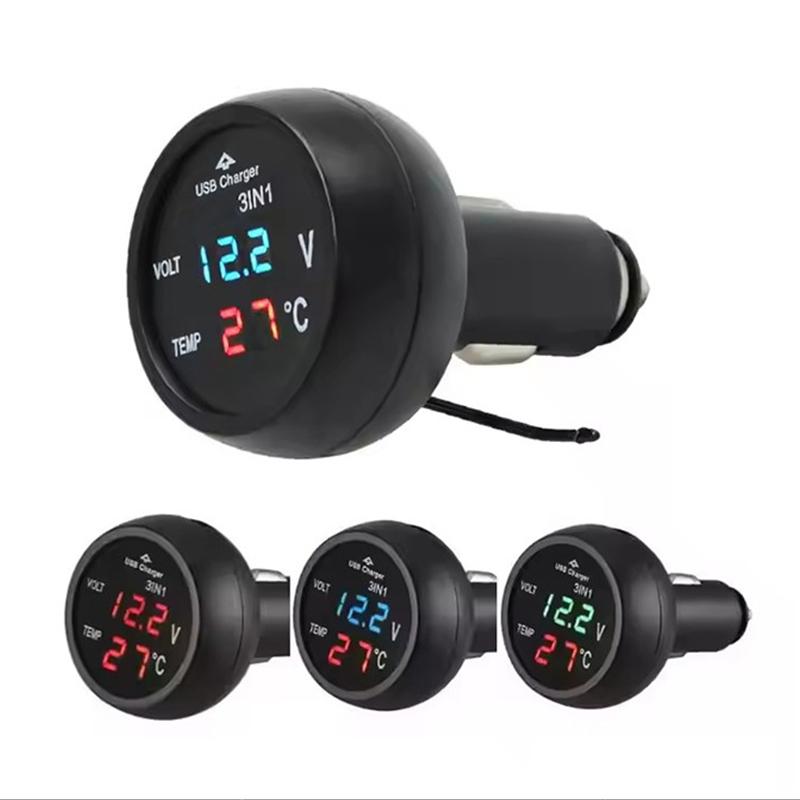 Автомобильное зарядное устройство 3-в-1 12/24 В Вольтметр Термометр USB-зарядка Переключатель Автоматический Светодиодный Цифровой Монитор Дисплей Амперметр Детектор напряжения