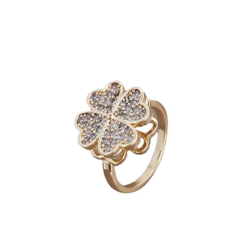 High-Grade Luxury Rotating Four-Leaf Clover Ring Female Niche Design Open Finger Ring Super Nice Girls Ring