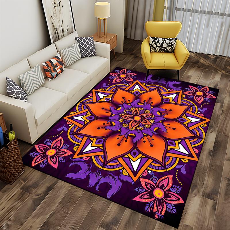 Colorful Mandala Flower Pattern Carpet, Orange and Purple Home Decor Rug Suitable for use as an anti-slip for living room bedroom sofas