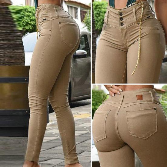 Женские однотонные повседневные длинные брюки с высокой талией и пуговицами, облегающие леггинсы на бедрах, офисные узкие брюки