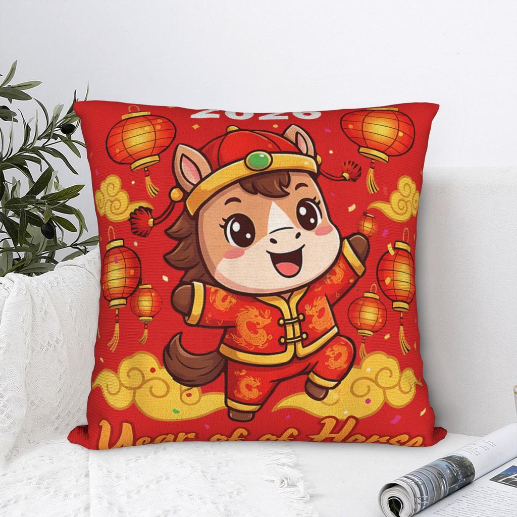 New Year Horse Happy Chinese New Year Pillow Cover Retro Pillow Case For Chair Sofa Home Decor Graphic Pillowcases