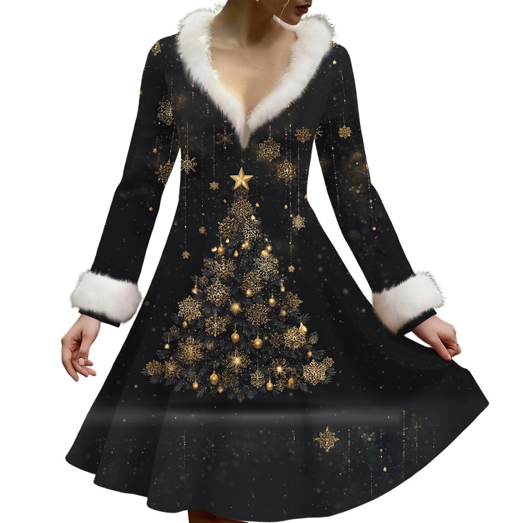Женское повседневное платье с V-образным вырезом, рождественским принтом, плюшевыми длинными рукавами