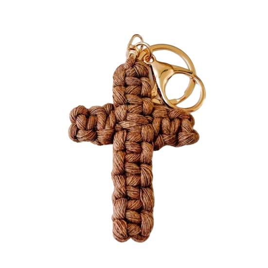 Handmade Christian Cross-shaped Keychain with Golden Ring Compact Comfortable Prayer Pendant Religious Accessory