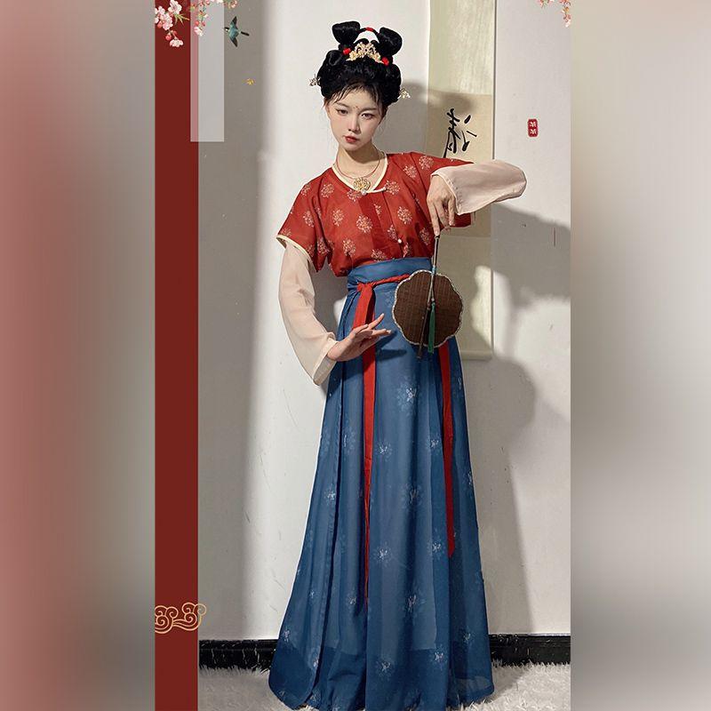 Китайский стиль династии Тан, традиционный ханьфу, повседневная рубашка с круглым вырезом и длинная юбка, женский комплект платьев