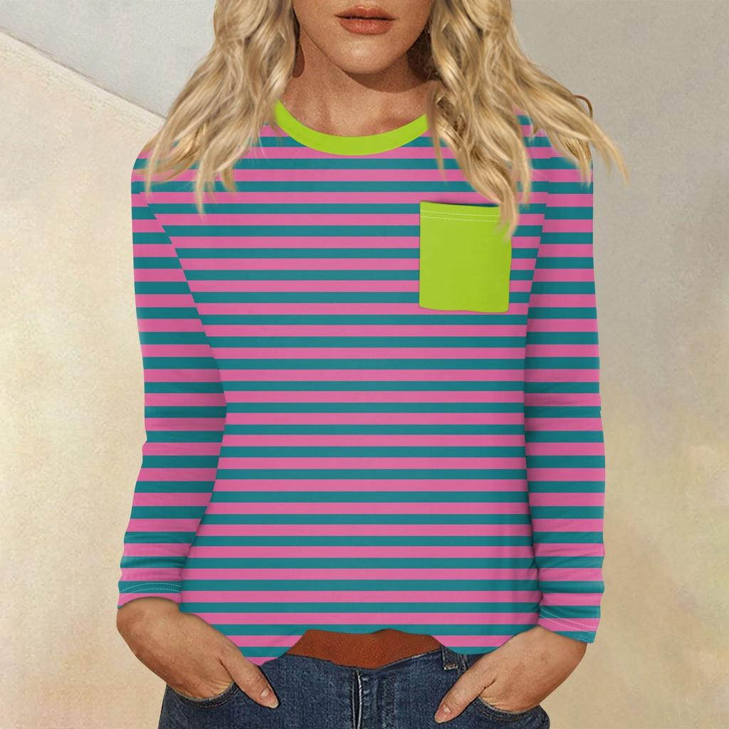 Женский повседневный топ с круглым вырезом и длинными рукавами в полоску с принтом
