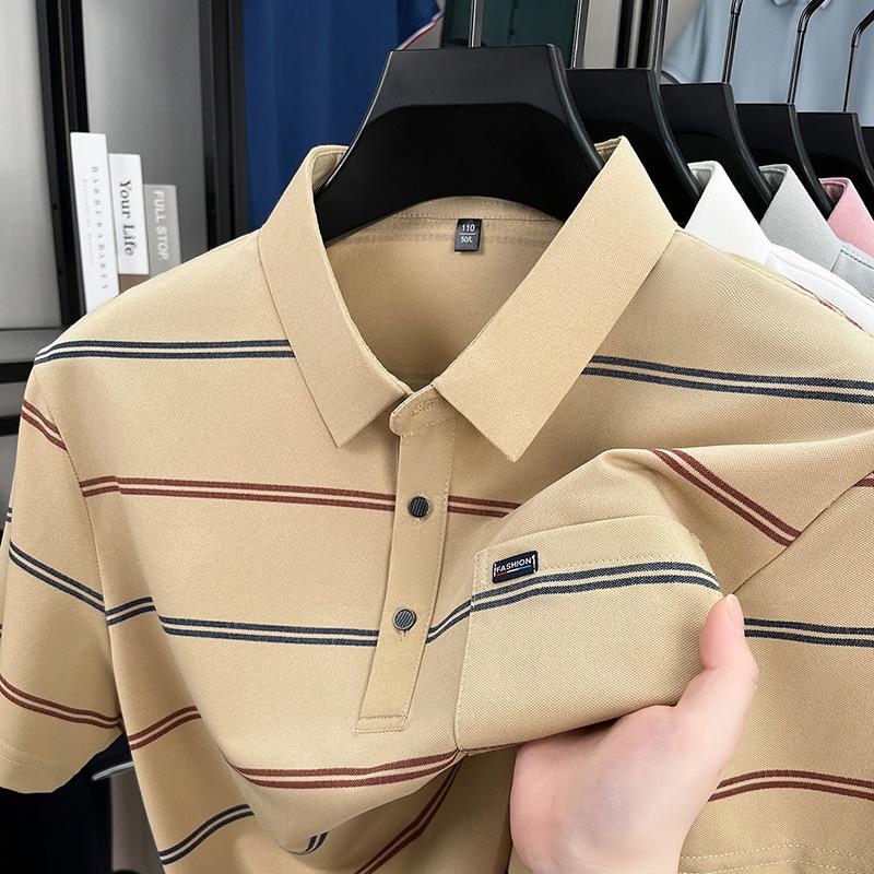 Поло с отложным воротником в полоску, короткий рукав, летнее, свободного кроя, Business Casual, топ, футболка-поло