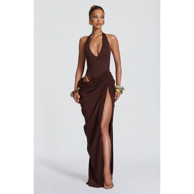 2026 Womens Evening Party Dress Sexy Deep V Neck Halter Backless Slit Ruffle Bodycon Gown