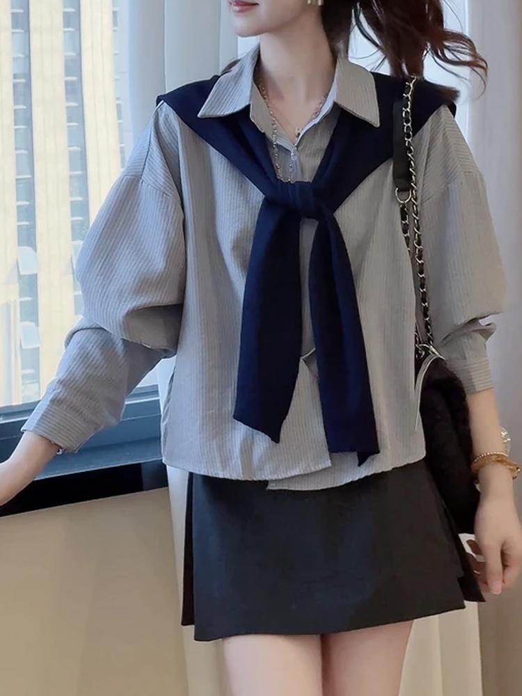 Korean Striped Shawl Long Sleeve Shirt Set for Women - 2025 Autumn Loose Slimming Age-Reducing Top