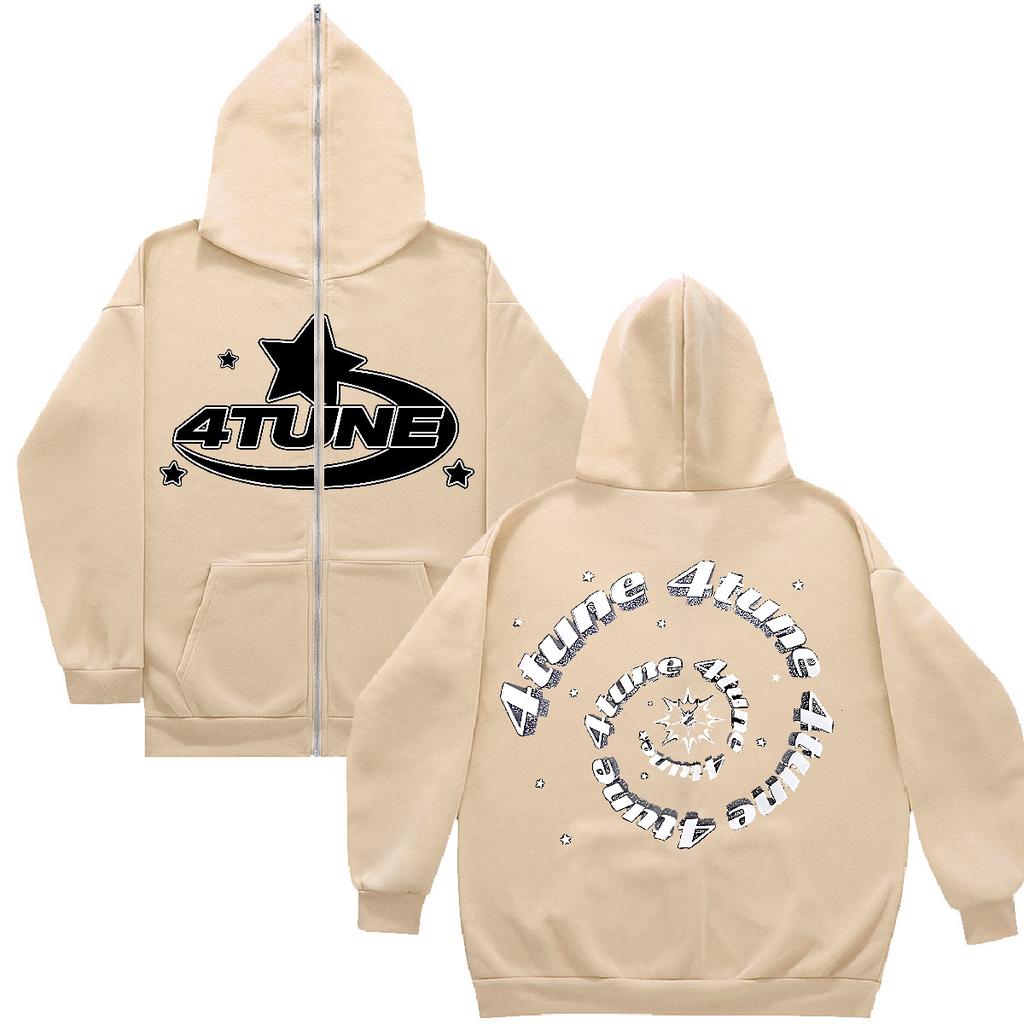 American street 4tune printed cardigan sweater, long-sleeved oversized hip-hop zipper jacket y2k sweater clothing