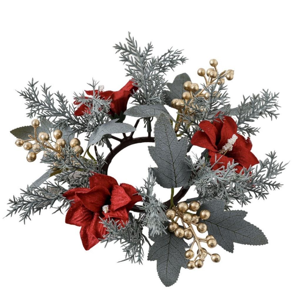 Christmas Candlestick Wreath Red Fruit Artificial Flowers Candle Ring Xmas New Year Table Decoration Candle Holder Garland