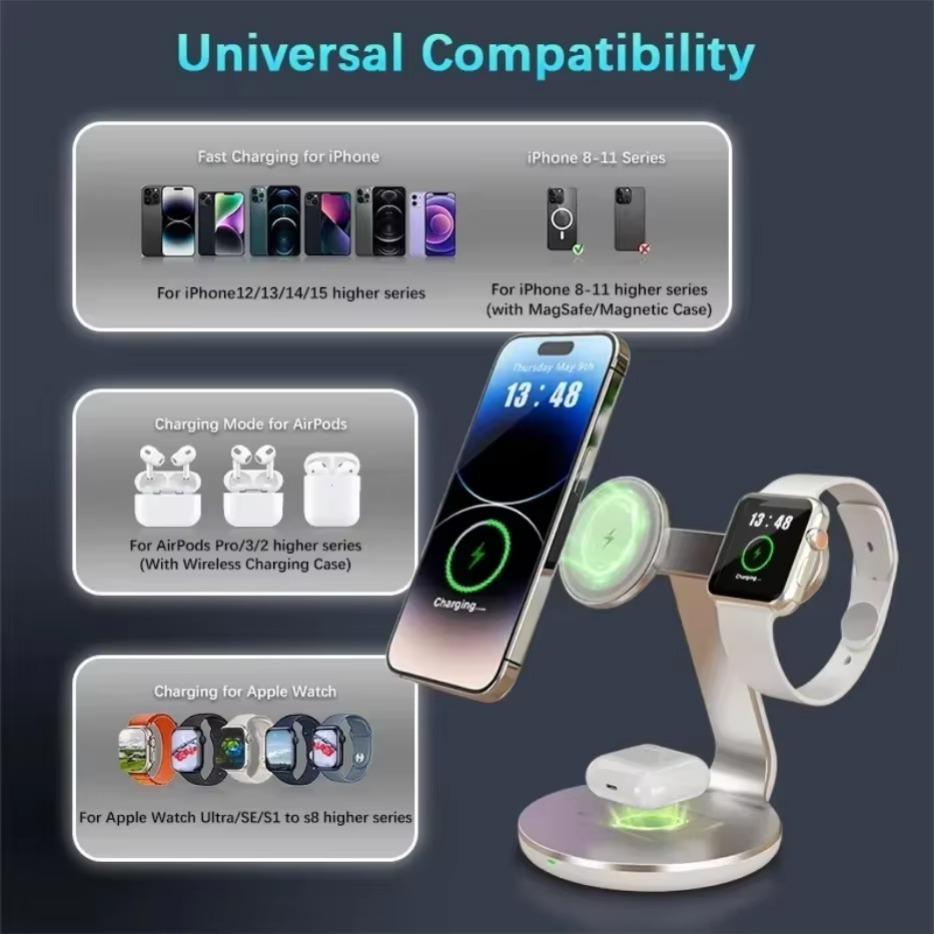 Металлическое 3 в 1 беспроводное зарядное устройство магнитная подставка держатель телефона быстрая зарядка для iPhone 16 15 14 13 Pro Max iWatch 9 8 7 Airpods 3 2