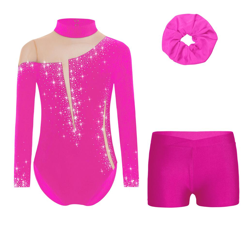 Girls Gymnastics Dance Outfit Set Long Sleeve Keyhole Back Sheer Mesh Patchwork Sparkly Leotard Shorts Hair Band