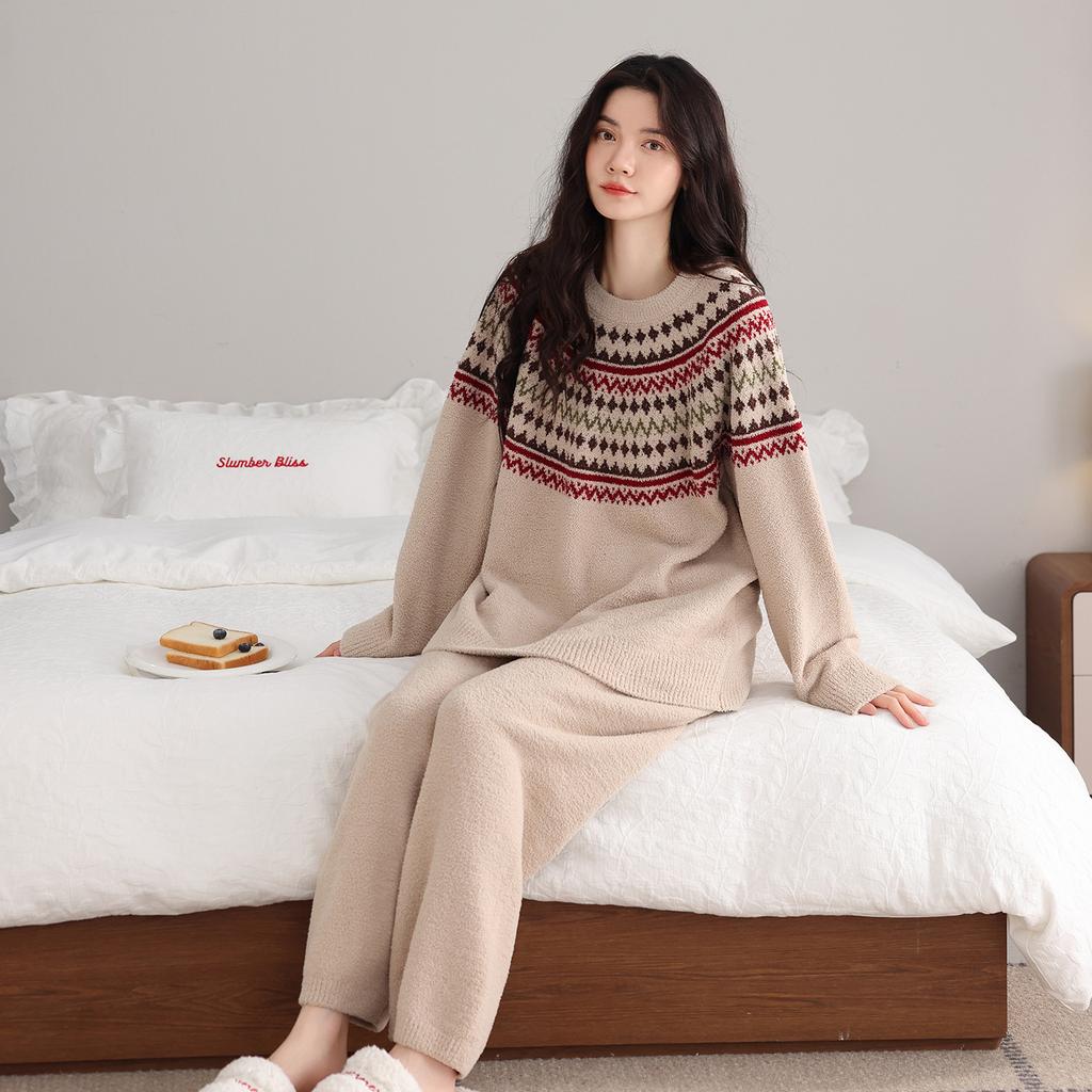Пижама из полуфлиса женская осенне-зимняя утолщенная с длинным рукавом термо-повседневный пуловер можно носить на улице домашняя одежда коралловый флис костюм