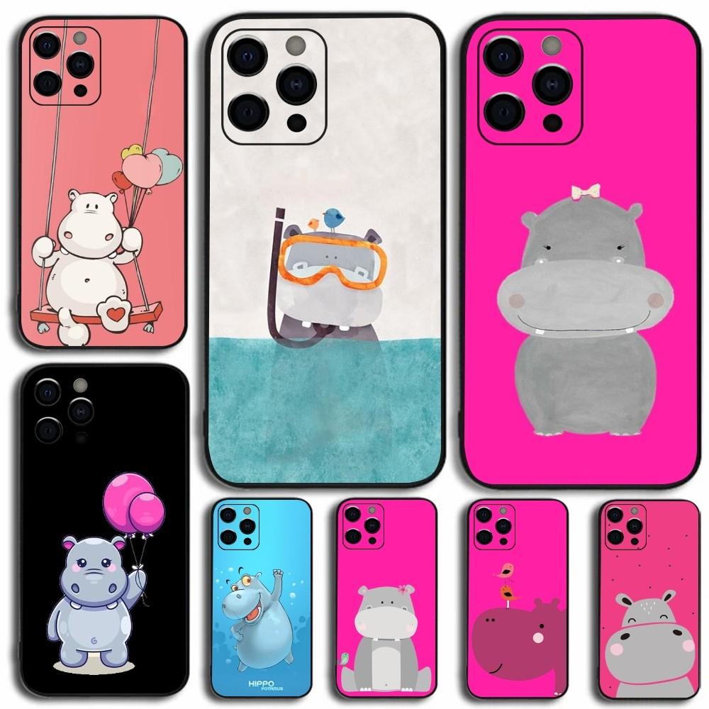 Мультяшный Чехол для Телефона с Животным Бегемотом Для Apple iPhone 15,14,13,12,11,Pro,X,XS,Max,XR,Plus,Mini Мягкий Черный Чехол