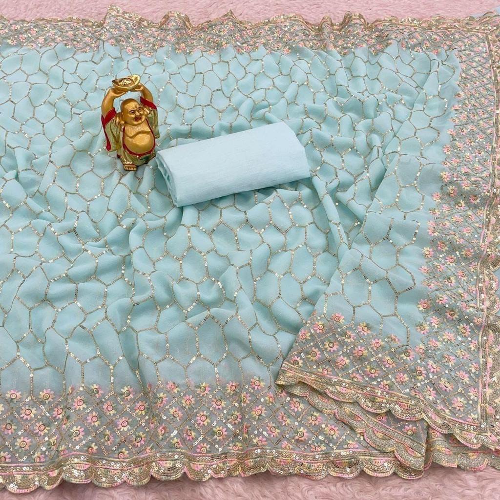 Faux Georgette Saree 3 Mm Seqwance Work and Multicolour Thread Work with Cut Work Border, Colar : 6