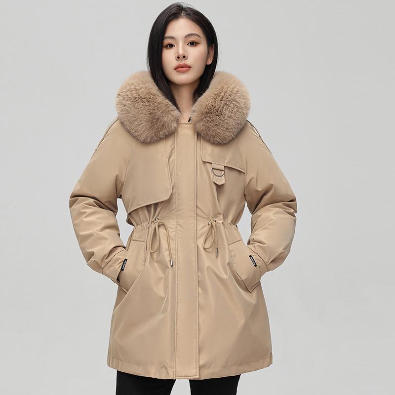 Autumn Winter Thicken Warm Detachable Parka Women Casual Fur Collar Solid Color Big Pocket Loose Hooded Coat Jackets Three-way Wear Outwear