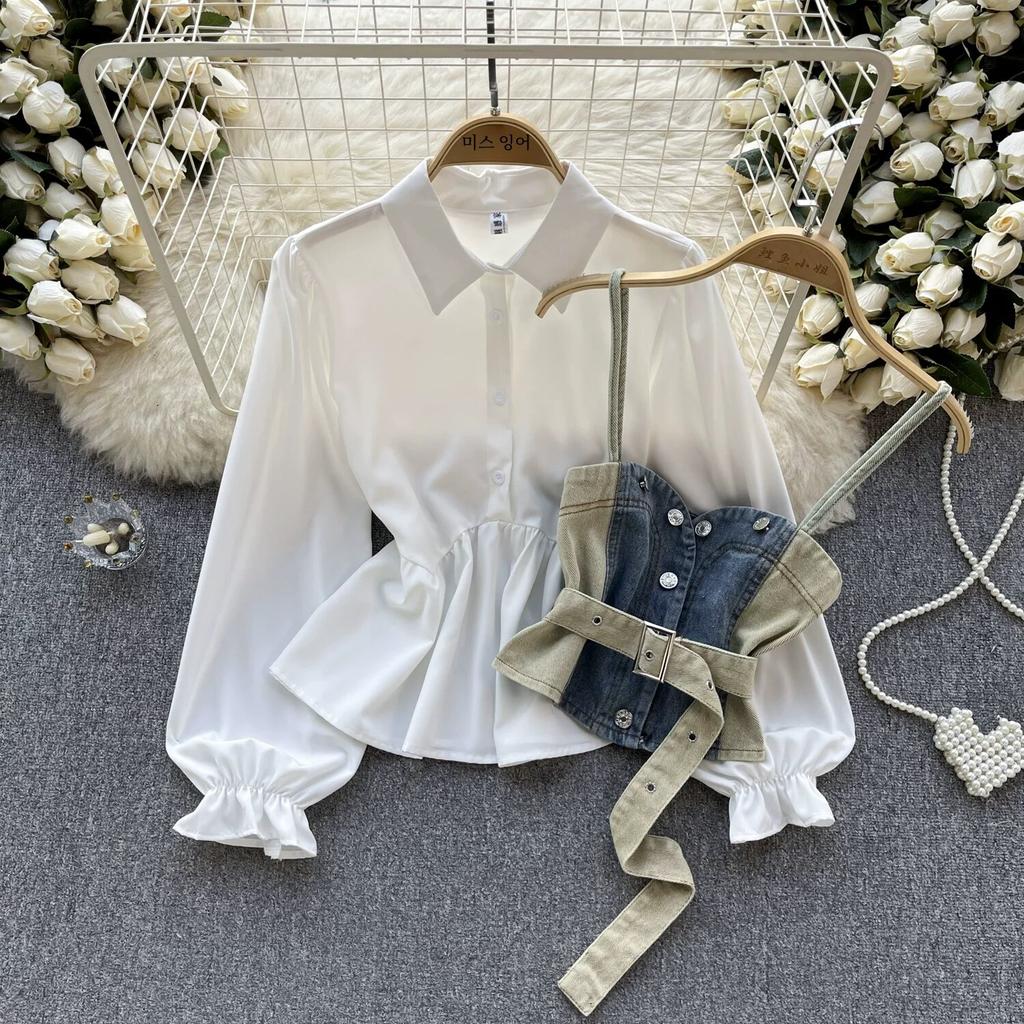 Korean Series Wear Age-Reducing Set Retro Denim Cami Stacked All-Matching Puff Sleeve Shirts Two-piece Set Top