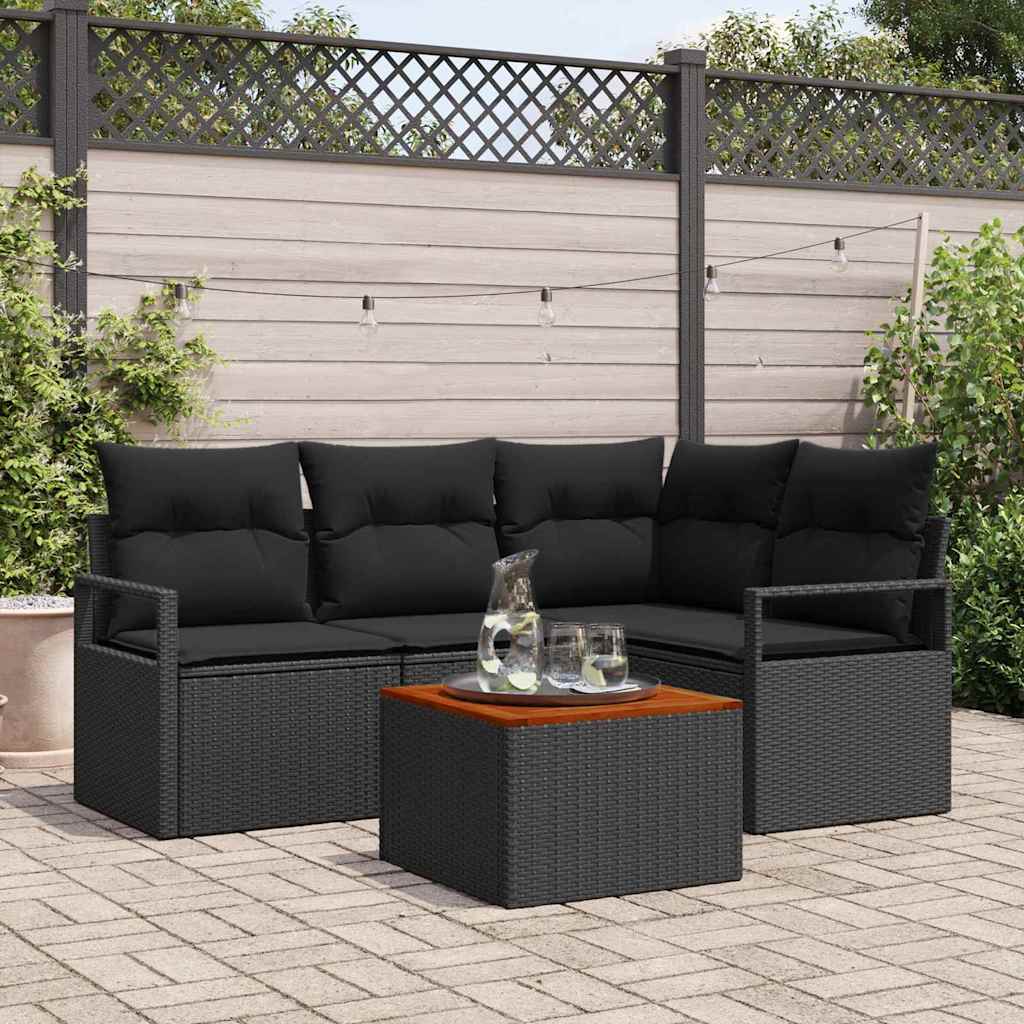 5 Piece Garden Sofa Set with Cushions Black Poly Rattan