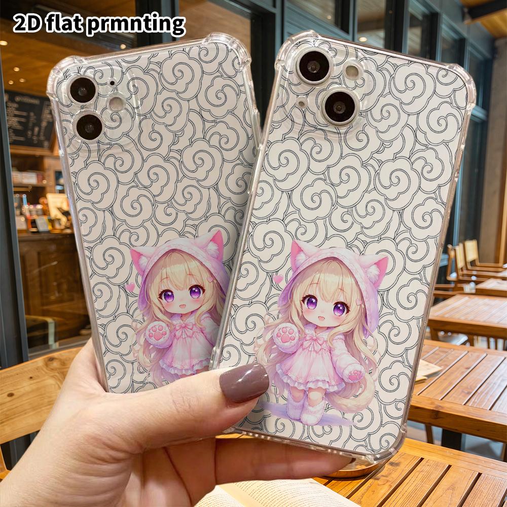 Чехол для телефона: 2D плоский, подходит для iPhone 18 17 16 15 14 13 Pro, прозрачный защитный чехол с четырьмя углами, девушка с кошачьими ушками, рождественские и хэллоуинские подарки