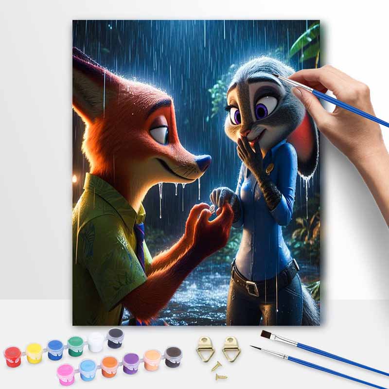Disney Nick Judy Proposal Oil Painting Kit Home Bedroom Wall Decor Handmade Gift Zootopia Romantic Rain Scene Artworks Painting Craft