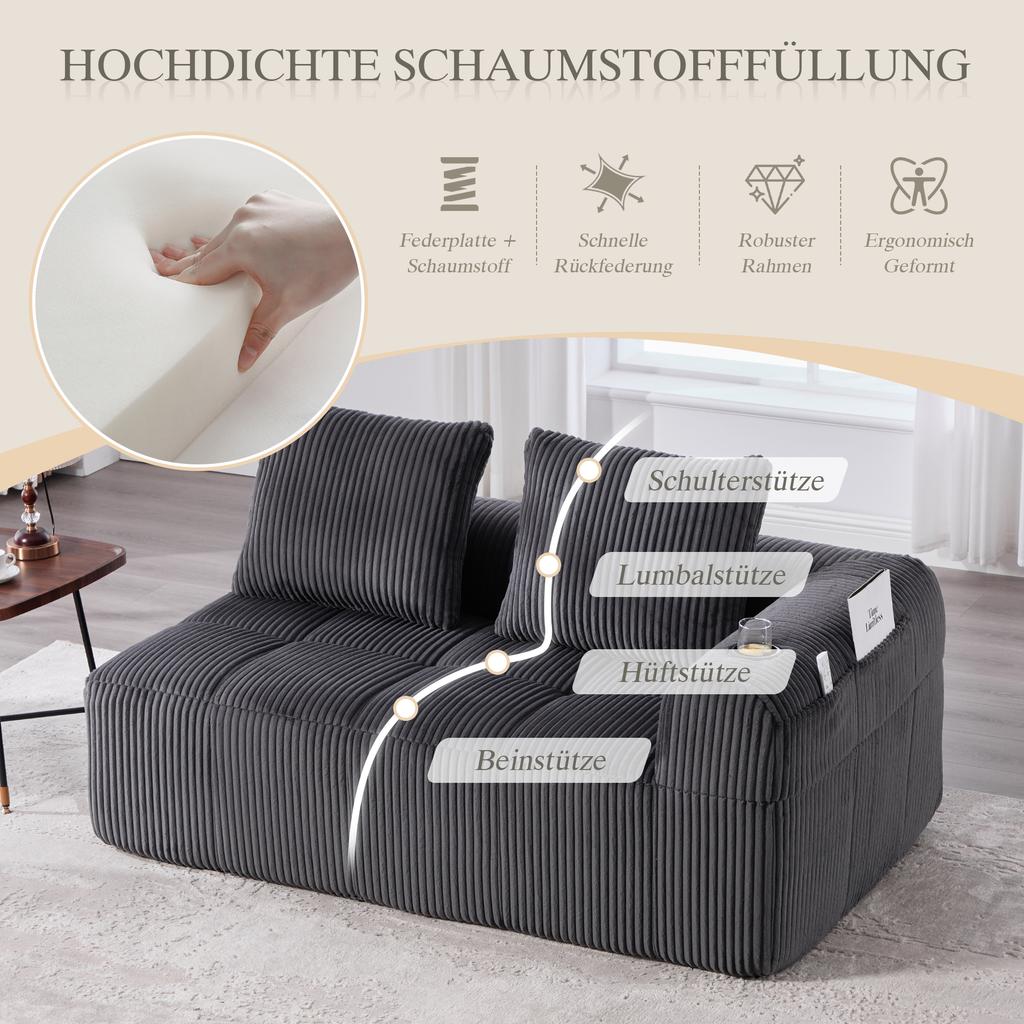 Cozy Corduroy Two-Seater Sofa – No Assembly, Soft Back Cushions, Side Storage Pocket for Remote Control and Phone, Cup Holder – Neat and Aesthetic.