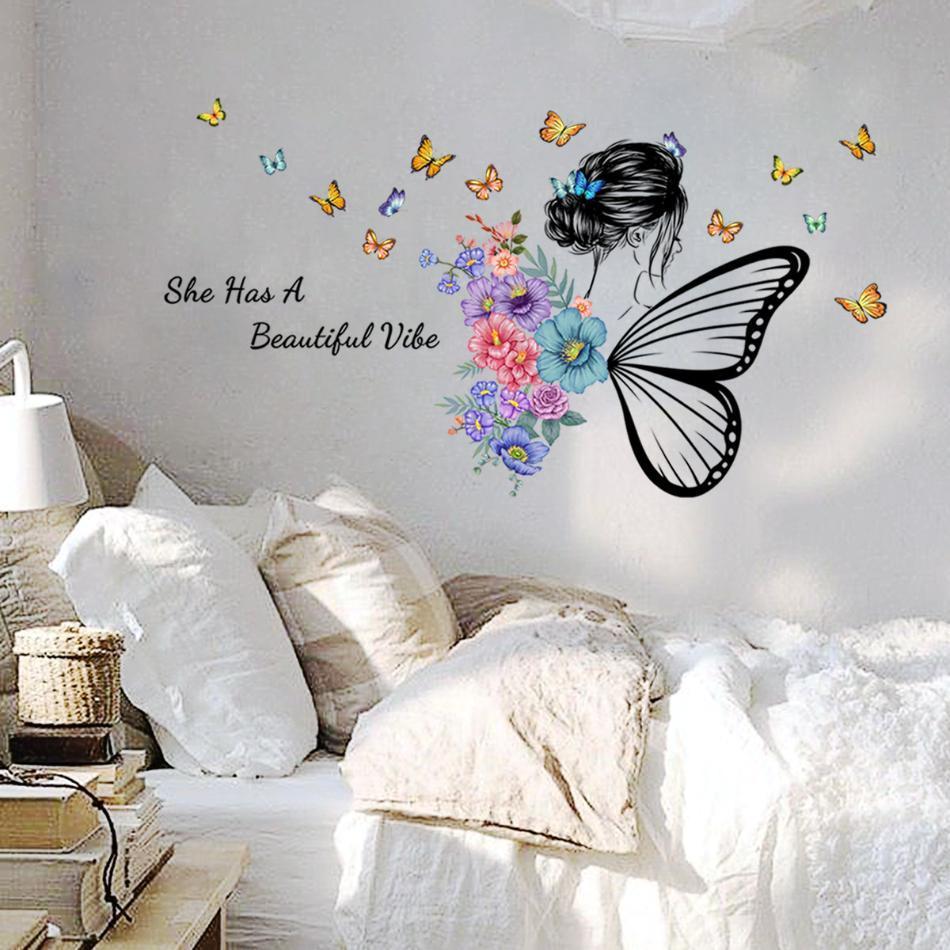 2 Pcs Wall Sticker Butterfly English Slogan Girl Flower Wall Sticker Paper Living Room Decoration Self Adhesive