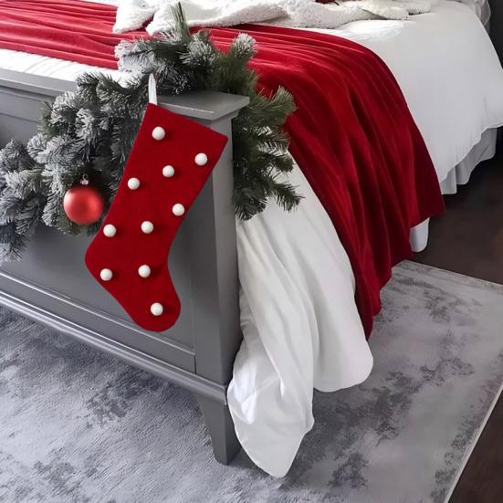 Christmas Stockings With Hanger Bowknot Plush Balls Decor Striped Print Candy Holder