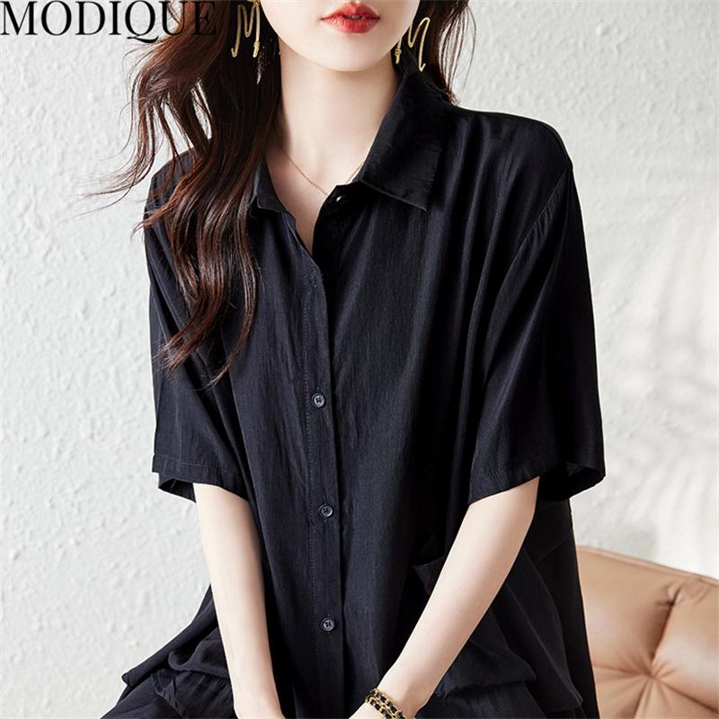MODIQUE, летняя женская хлопково-льняная блузка больших размеров, однотонные летние пальто, поло большого размера с открытой строчкой, с коротким рукавом и короткими пуговицами