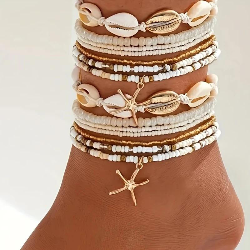 14Pcs/Set Bohemian Rice Beads Starfish Shell Anklet Sets for Women Retro Gold Color Multilayer Foot Chain Vacation Jewelry Gifts1
