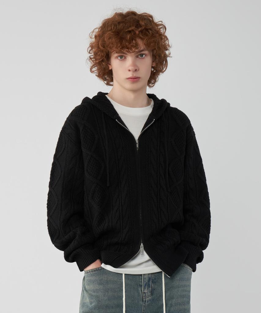 UNTAPPED STUDIO Oversized 2-Way Aran Cable Knit Zip-Up Hoodie 5 Colors