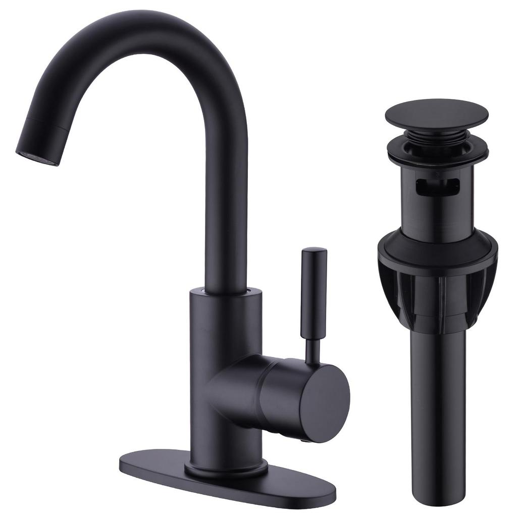 Раковина из матового золота. Смеситель для холодной и горячей воды с одной ручкой и выдвижным сливом. Черный смеситель для раковины.