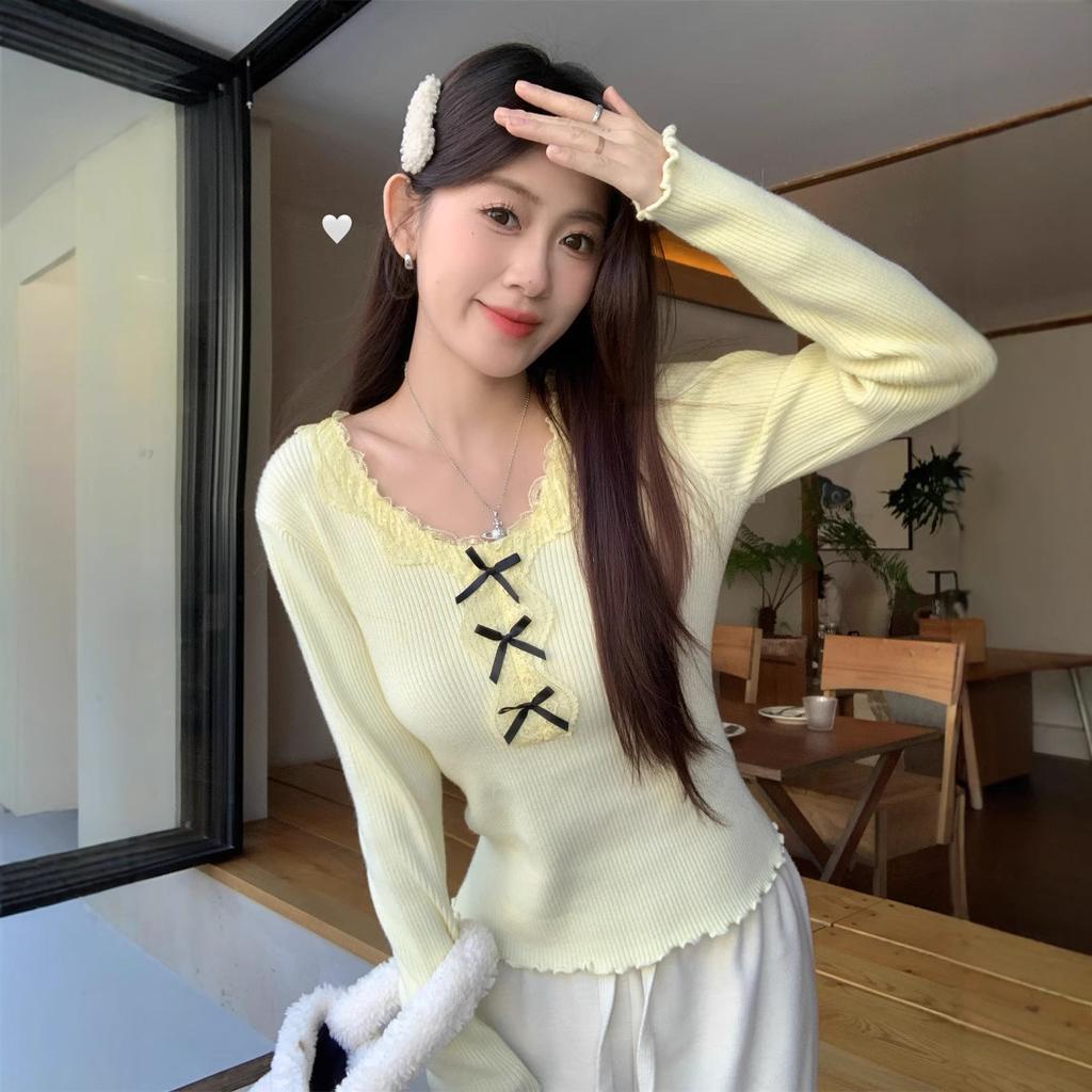 Korean Lace Trim Knit Top Spring New Slim Fit Base Layer Long Sleeve Soft Touch Shirt