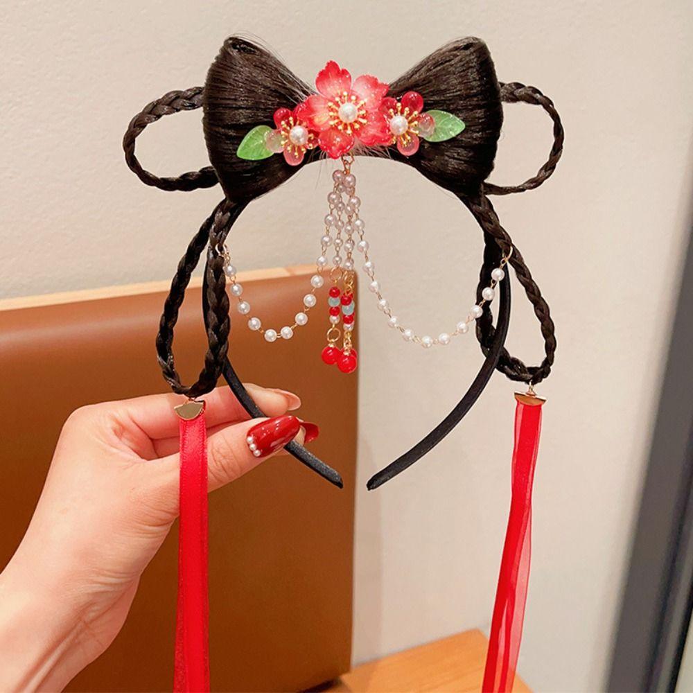 Tassel Chinese New Year Headwear Braid Hair Hanfu Hair Sticks Sweet Red Bow Hairband Baby