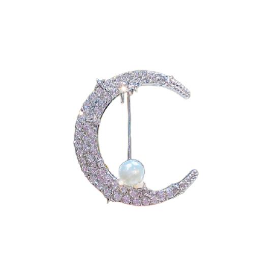 Женская брошь из искусственного жемчуга со стразами, декор в форме полумесяца, Нержавеющая Нескользящая, износостойкая булавка для одежды, ювелирные изделия для одежды