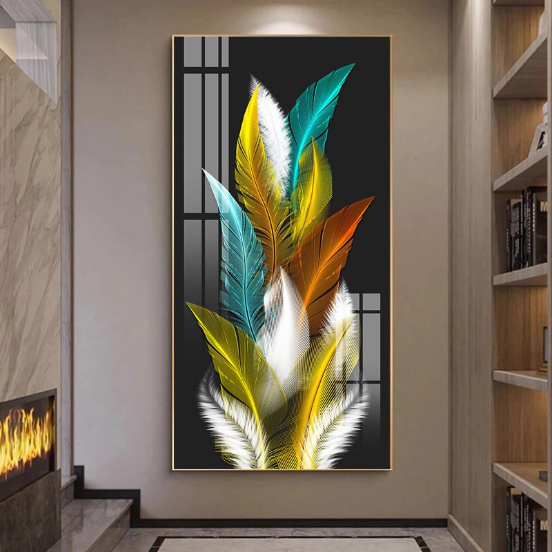 Abstract Feather Golden Yellow Deer Posters Prints Golden Feathers Canvas Painting Tree Wall Art for Living Room Home Decor