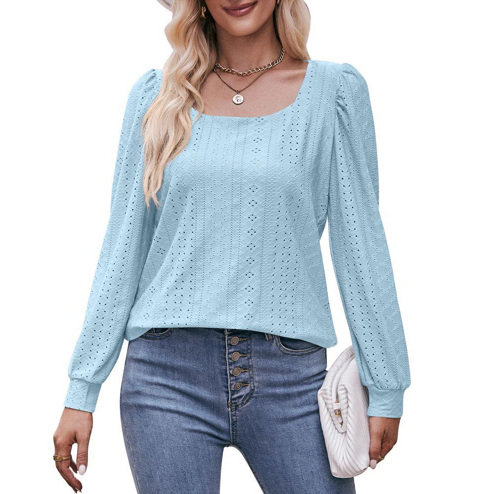 2024 Женский Осенний Новый Топ Pit Striped Square Neck Модный Повседневный Длинный Рукав Стиль Commuter Style Однотонный Элегантный