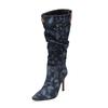 Women's Autumn and Winter New Pleated High-heeled Short Boots Pointed Zip Knee-length Boots Women's 34-50 Large Mid Length Boots