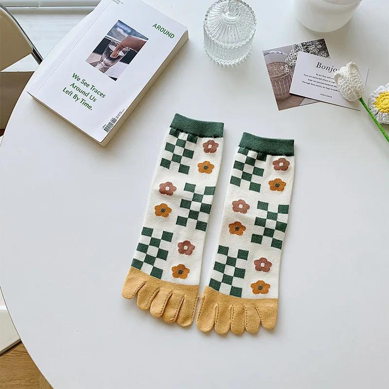 2 Pairs Five Finger Women Animals Cartoon Print Japanese Cute Socks Casual Plaid Floral Vintage Female Sock