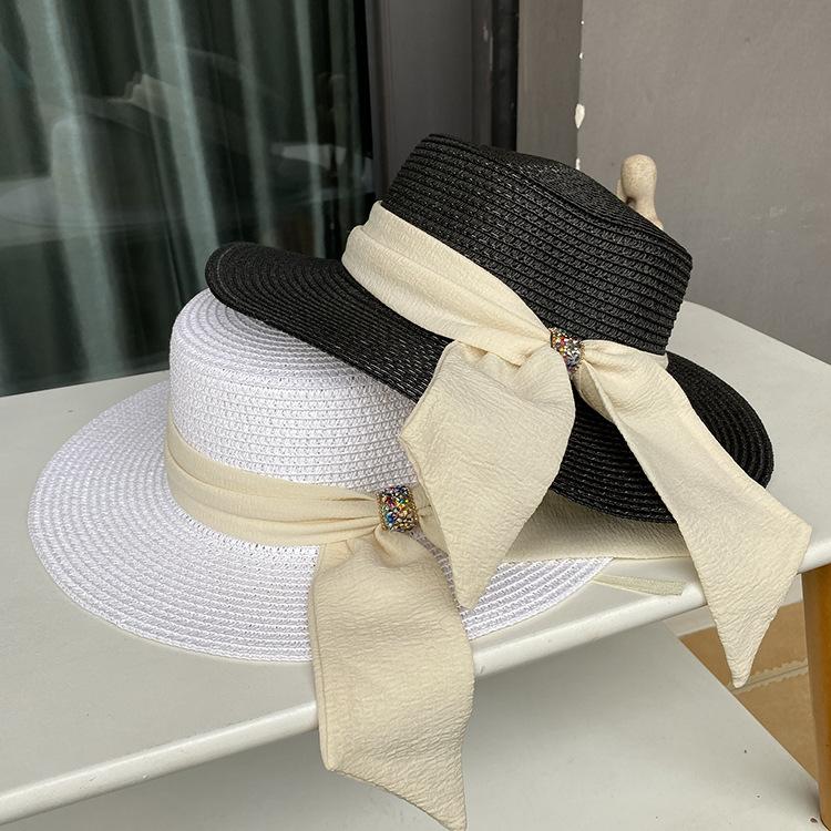 Elegant bow flat top straw hat women's summer flat edge sun protection visor hat outdoor outing seaside beach hat